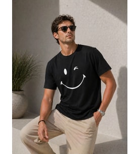 Erkek Minimal Gülümseyen Yüz Baskılı Tişört Kısa Kol Yazlık T-Shirt - Siyah