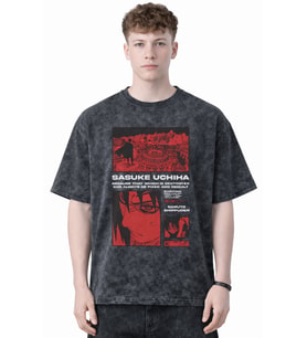 Tasarım Sasuke Uchiha Naruto Shippuden Anime Baskılı Unisex Oversize Eskitme Yıkamalı Tişört