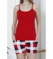 Kadın Şortlu Pijama Takımı İp Askılı Pamuklu Likralı Cepli KIRMIZI