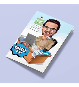 Kişiye Özel Masa Başı İş Yapan Erkek Karikatürlü Tebrik Kartı