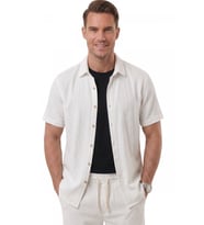 DeepSEA Beyaz Slim Fit Çizgi Dokulu Keten Görünümlü Kısa Kol Erkek Spor Gömlek 2602648