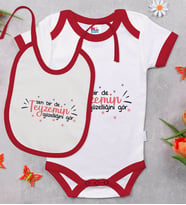 BK Kids Sen Bir De Teyzemin Güzelliğini Gör Tasarımlı Kırmızı Bebek Body Zıbın ve Mama Önlüğü Hediye Seti-1