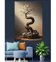 Kıvrımlı Gövdeli Çiçek Açan Bonsai Dekoratif Kanvas - Mdf Ahşap Tablo