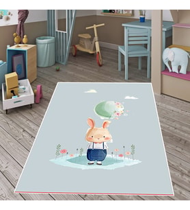 Sevimli Tavşan Dünya Çiçek Desenli Dijital Baskılı Kaymaz Taban Çocuk ve Bebek Odası Halısı (Mavi)