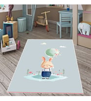 Sevimli Tavşan Dünya Çiçek Desenli Dijital Baskılı Kaymaz Taban Çocuk ve Bebek Odası Halısı (Mavi)