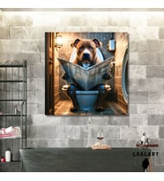 Tekli Kare Kanvas Banyo Tablosu Gazete Okuyan Pitbul Köpek