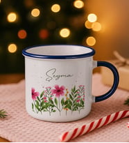 BK Gift Kişiye Özel Çiçek Tasarımlı Lacivert Emaye Kupa Bardak -6, Arkadaşa Hediye, Sevgiliye Hediye