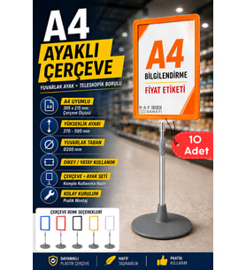 10 Adet - A4 Ayaklı Çerçeve Seti Yuvarlak Tabanlı Teleskopik Fiyat Etiketi Standı Turuncu