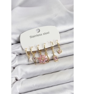 316L Çelik Gold Renk Pembe Zirkon Taşlı Lotus Detaylı Kadın Küpe Seti