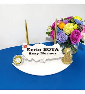 Sümen Ofis Doğal Beyaz Mermer İsimlik Haritalı Gold Çift Kalem, Atatürk Biblo ve Saat
