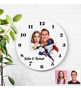 Karikatürlü Süper Adam ve Gelin Kişiye Özel Duvar Saati