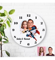 Karikatürlü Süper Adam ve Gelin Kişiye Özel Duvar Saati