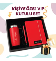 Kişiye Özel VIP Hediye Seti Kırmızı – Metal Detaylı Defter & Kalem & Termos Seti