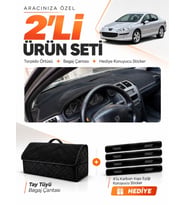 PEUGEOT 407 (2004-2010) Uyumlu Torpido Örtüsü + Tay Tüyü Bagaj Çantası + Sticker Seti - Siyah