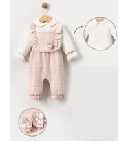 EKOSE SALOPET ÇİÇEK AKSESUARLI BADİLİ BEBE KIZ TULUM (Pudra)