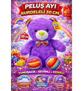 Oturan Kurdeleli Peluş Ayı 30 cm Yumuşak Dokulu Şirin Tasarım (Mor)
