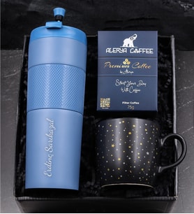 Kişiye Özel 450 Ml Mavi French Press Özellikli Çelik Termos & Yıldızlı Mat Kupa & Alerya Premium Filtre Kahve Hediye Seti