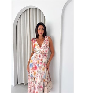 Neşeli butik kadın pembe omuz bağlamalı çiçek desenli kruvaze yaka midi boy elbise NBK4676