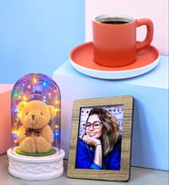 Kahve Fincanı, Fotoğraf ve Renkli Led Işıklı Peluş Ayıcıklı Fanus Hediye Seti