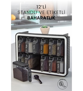 12'li Standlı Kendinden Yapışkanlı Kaşıklı Baharatlık Takımı - Etiketli Kapaklı Baharatlık Standı