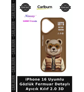 iPhone 16 Uyumlu Gözlük Fermuar Detaylı Ayıcık Kılıf 2.0 3D Kabartmalı Model Telefon Aksesuarı