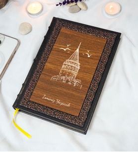Galata Kulesi Desenli Termo Deri + Ahşap Anı Defteri - Çizgili Defter - Hediyelik (17x24 cm- 320 Sayfa)