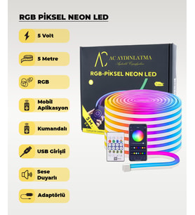 USB Neon RGB Piksel Şerit Led - Animasyonlu - Sese Duyarlı - 5 Metre (Mobil Aplikasyon - Kumandalı)) (Çok Renkli)