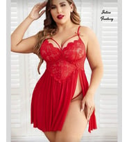 Intive Curvy Büyük Beden Yan Yırtmaçlı Göğsü Dantelli Eteği Transparan Gecelik (Kırmızı)