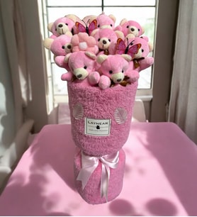Premium Yumoş Pembe Peluş Mini Kalp Yastıklı Peluş Vazo Tasarımlı Buket