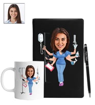 Kişiye Özel Hemşire Tasarımlı Karikatür Siyah Defter Kalem Kupa Seti 92