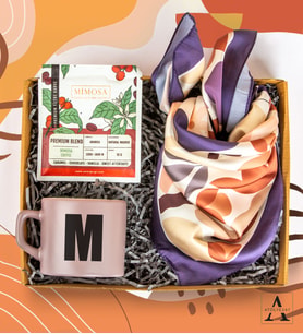 Kişiye Özel Hediye Seti- Desenli Fular - Mimosa Tek İçimlik Premium Filtre Kahve - Çay-Kahve Fincanı - Özel Tasarım Hediye Kutusu
