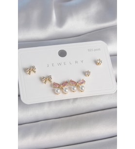 Pirinç Gold Renk Pembe Zirkon Taşlı Fiyonk Model İnci Detay 925 Ayar Gümüş Çivi Kadın Küpe Seti (Altın)