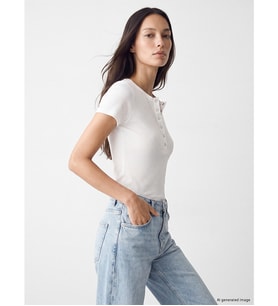 LCW EVERYDAY Beyaz Bisiklet Yaka Düğmeli Kadın Fitilli Tişört