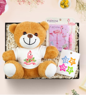 Kişiye Özel Tasarımlı Peluş Ayıcık & 4'lü Renkli Yıldız Çıtçıt Toka & Flamingo Kalemli Mini Not Defteri