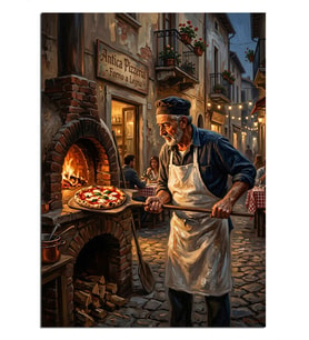 Taş Fırında Pizza Yapan Adam Dekoratif Kanvas - Mdf Ahşap Tablo