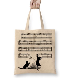 Yaramaz Komik Müzik Notalı Kedi Cat Bez Çanta Uzun Saplı