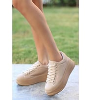 Papuç Sepeti 2596 Kadın Yüksek Topuk Günlük Sneaker Ayakkabı (Krem)