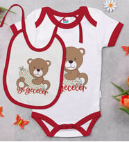 BK Kids Sevimli Ayı Tasarımlı Kırmızı Bebek Body Zıbın ve Mama Önlüğü Hediye Seti-1