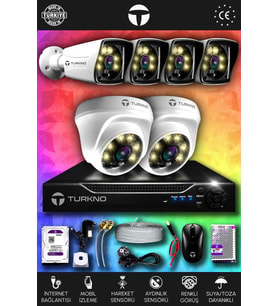 TURKNO 6 Kameralı Karie 2 İç Kamera Set 2 TB HDD Full HD Renkli Gece Görüşlü Güvenlik Kamerası Sistemi