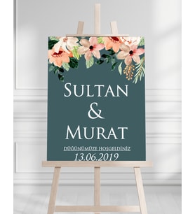 Söz Nişan Düğün İçin 50x70 Karşılama Panosu - Renkli Çiçek Tasarımlı 004