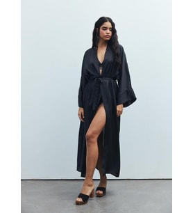 Frappant Siyah Uzun Saten Sabahlık / Kimono