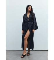 Frappant Siyah Uzun Saten Sabahlık / Kimono