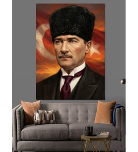 Türk Bayrağı Önünde Atatürk Dekoratif Kanvas - Mdf Ahşap Tablo