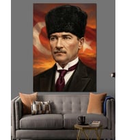 Türk Bayrağı Önünde Atatürk Dekoratif Kanvas - Mdf Ahşap Tablo