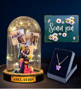 Size Özel Hazırlanacak Hediye Seti, İsimli 3 Fotoğraflı Led Işıklı Fanus ve Kelebek Kolye (Model 3)