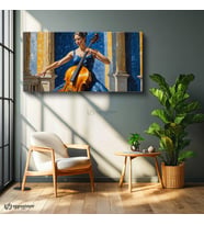 Yatay Panoramik Kanvas Tablo Çello Çalan Kadın Sanat Tablosu Ev Ofis Duvar Dekoru