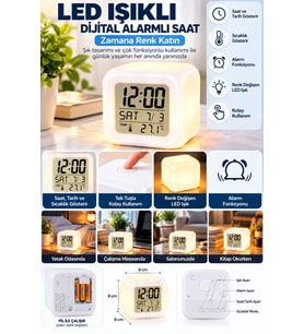 Dijital Ekranlı Küp Saat LED Işıklı Alarm ve Sıcaklık Göstergeli