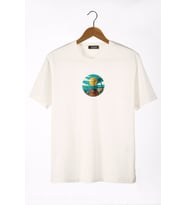 Unisex Ekru Bisiklet Yaka Önü Scooter Baskılı Oversize T-Shirt 22Y-3400762-67