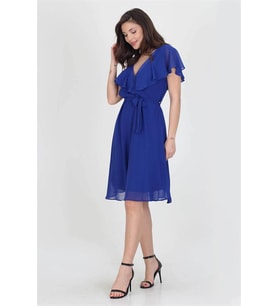 Neşeli butik kadın midi boy yeni sezon kruvaze yaka melek kol şifon elbise RY8081 (Saks)