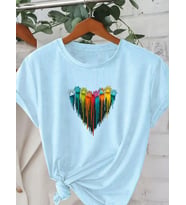 Unisex Sevimli Kedi Patili Kalp Tasarım Basklı Tshirt (Bebe Mavi)